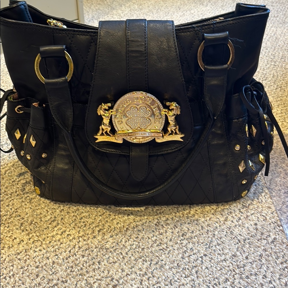 Charm and Luck Black Quilted Gold Studded Leather Shoulder Bag